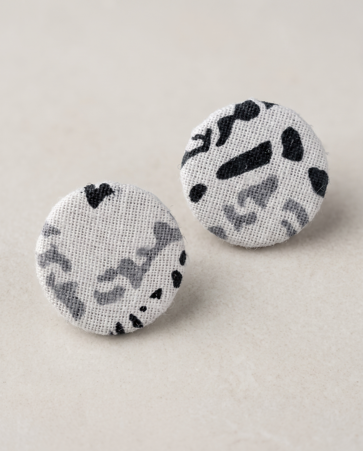Handmade white, grey & black abstract print fabric button stud earrings by KEVILAGU