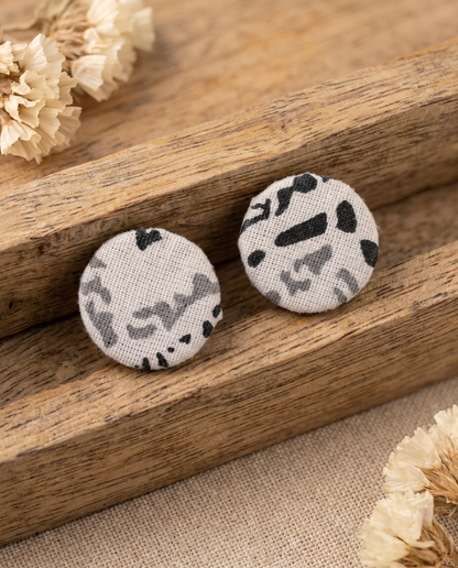 Handmade white, grey & black abstract print fabric button stud earrings by KEVILAGU