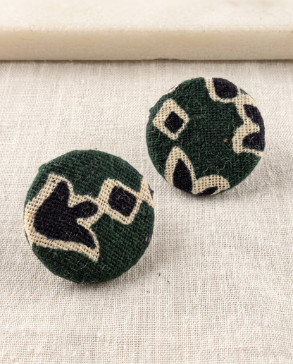Handmade green, black & beige block-print fabric button stud earrings by KEVILAGU