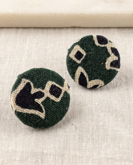 Handmade green, black & beige block-print fabric button stud earrings by KEVILAGU