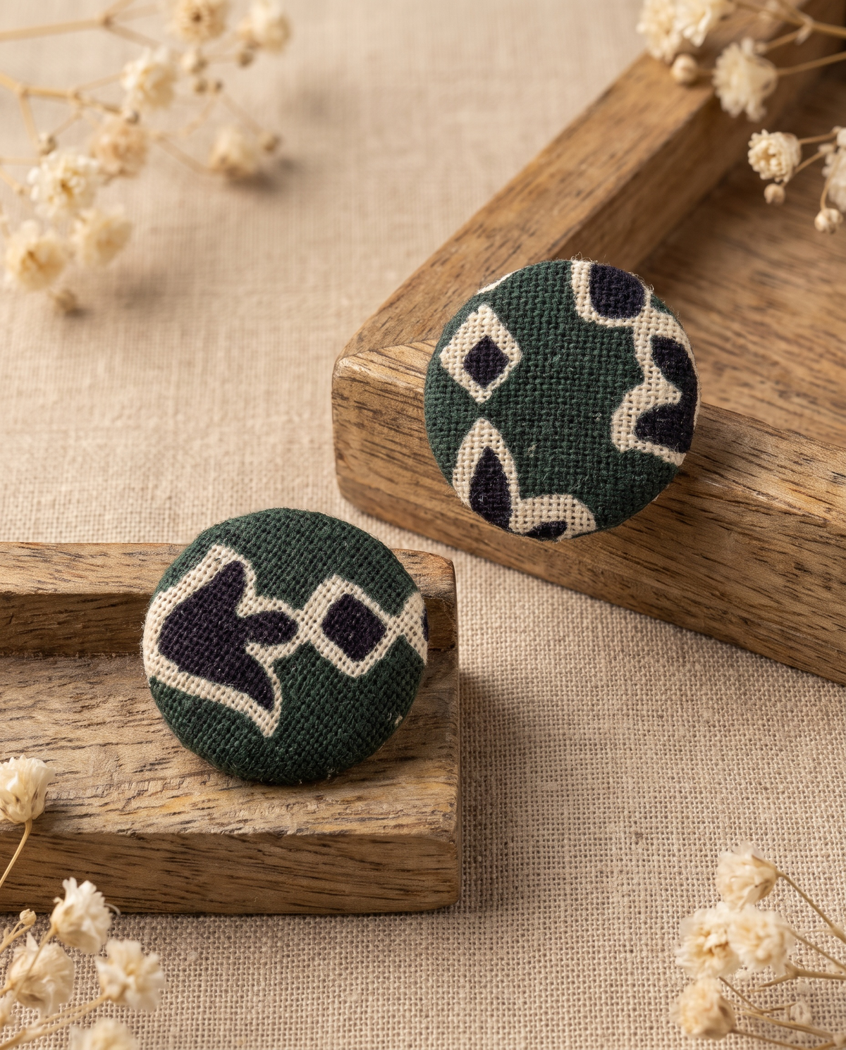 Handmade green, black & beige block-print fabric button stud earrings by KEVILAGU