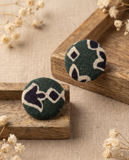 Handmade green, black & beige block-print fabric button stud earrings by KEVILAGU