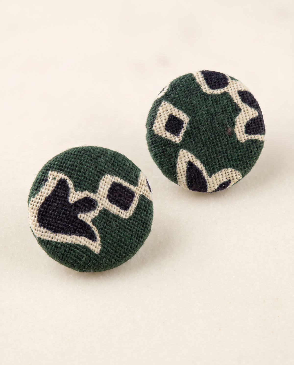 Handmade green, black & beige block-print fabric button stud earrings by KEVILAGU