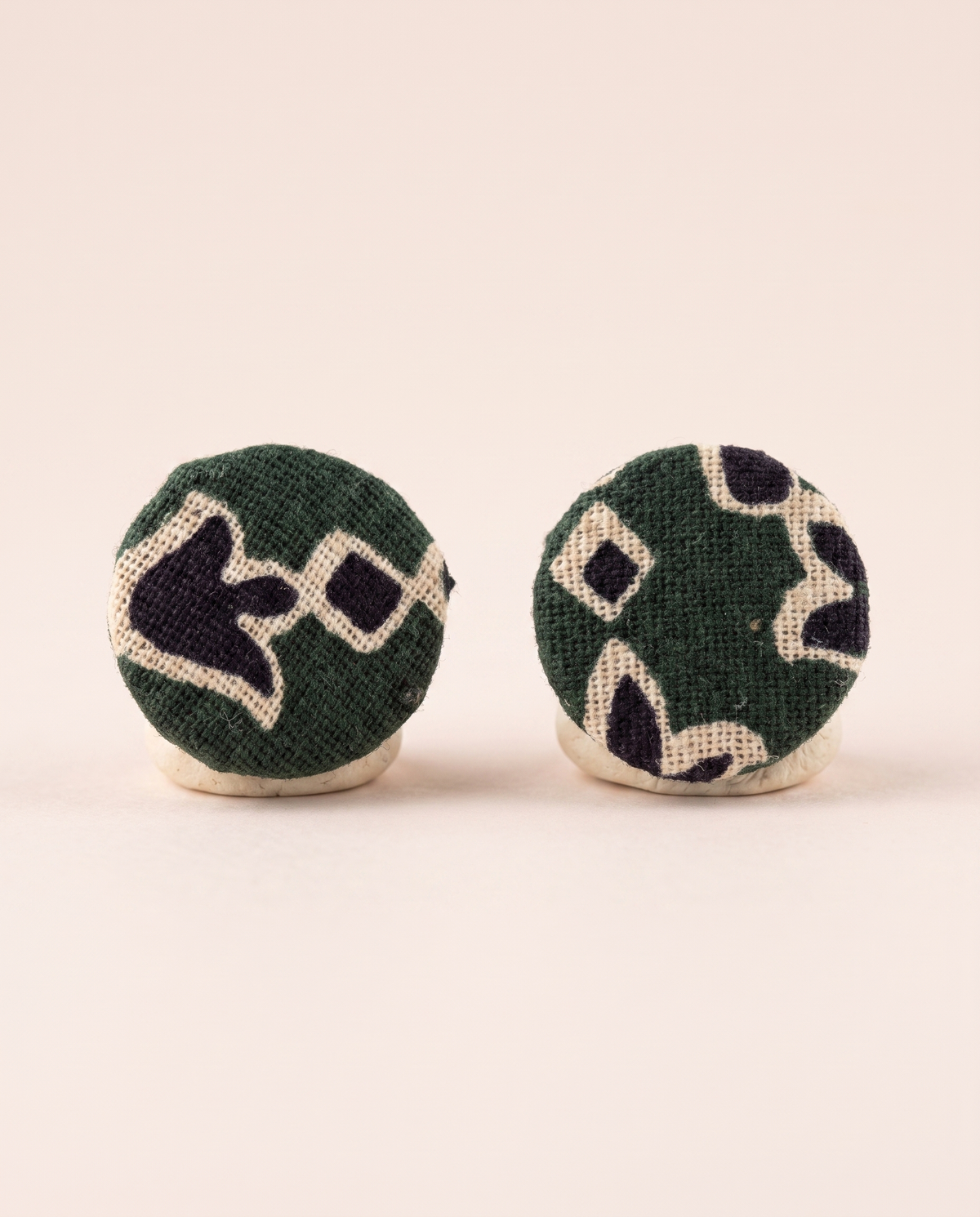 Handmade green, black & beige block-print fabric button stud earrings by KEVILAGU