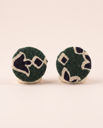 Handmade green, black & beige block-print fabric button stud earrings by KEVILAGU