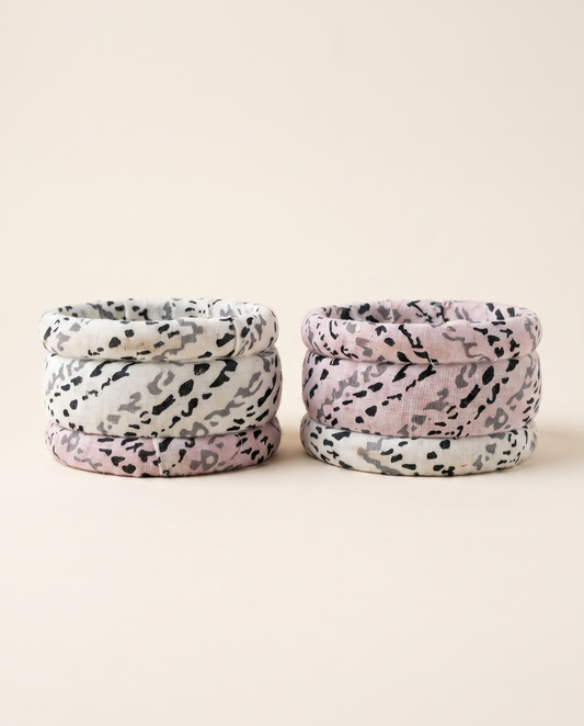 Handmade white animal print fabric bangles by KEVILAGU, set of 6