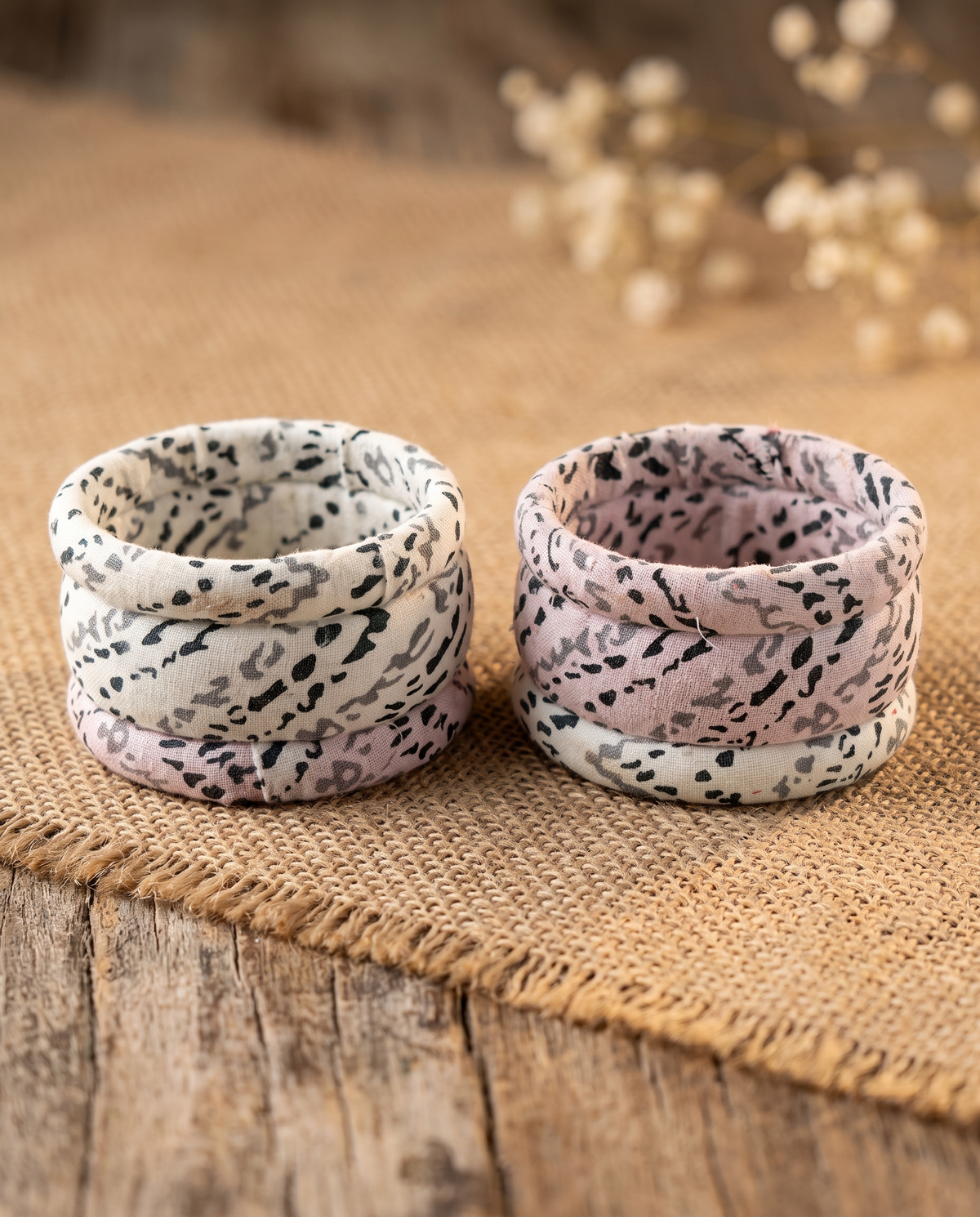 Handmade white animal print fabric bangles by KEVILAGU, set of 6