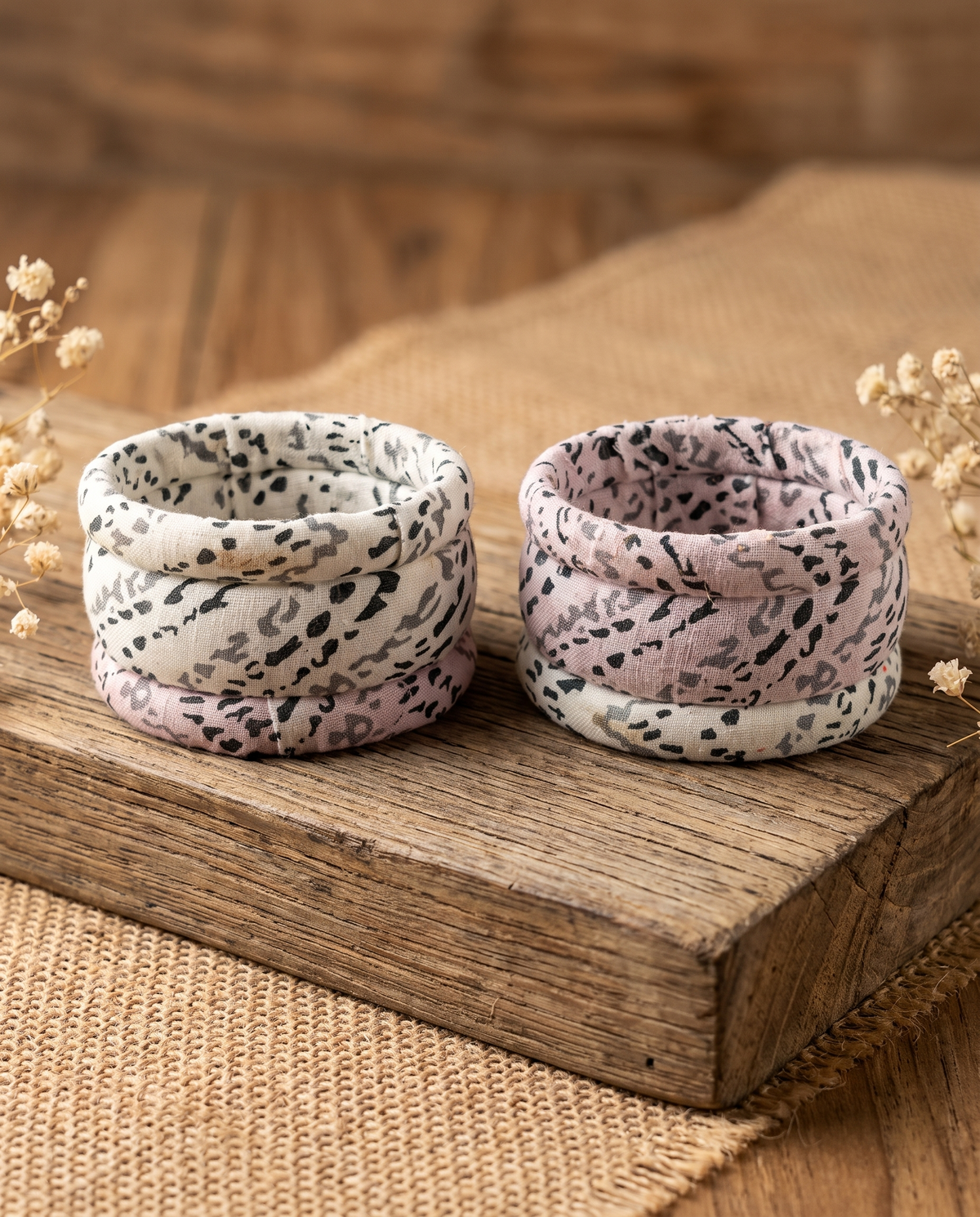 Handmade white animal print fabric bangles by KEVILAGU, set of 6