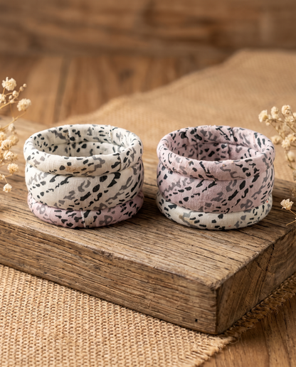 Handmade white animal print fabric bangles by KEVILAGU, set of 6