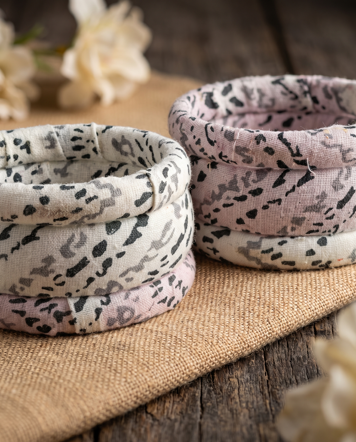 Handmade white animal print fabric bangles by KEVILAGU, set of 6