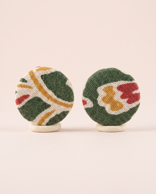 Handmade white, green, mustard & red multicolor block-print fabric button stud earrings by KEVILAGU