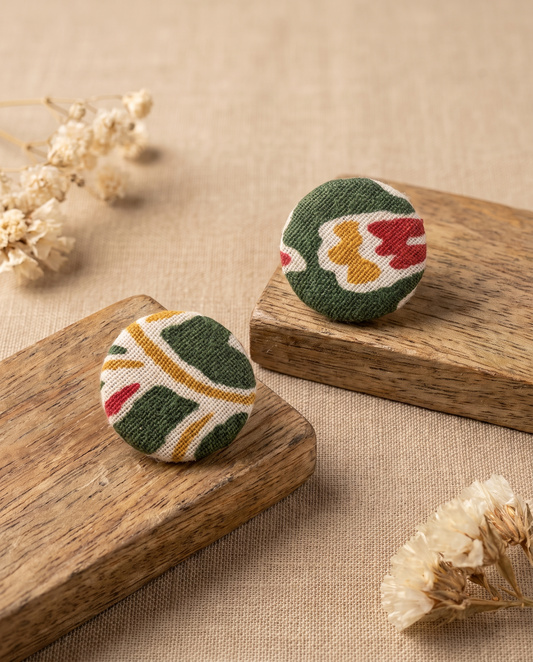 Handmade white, green, mustard & red multicolor block-print fabric button stud earrings by KEVILAGU