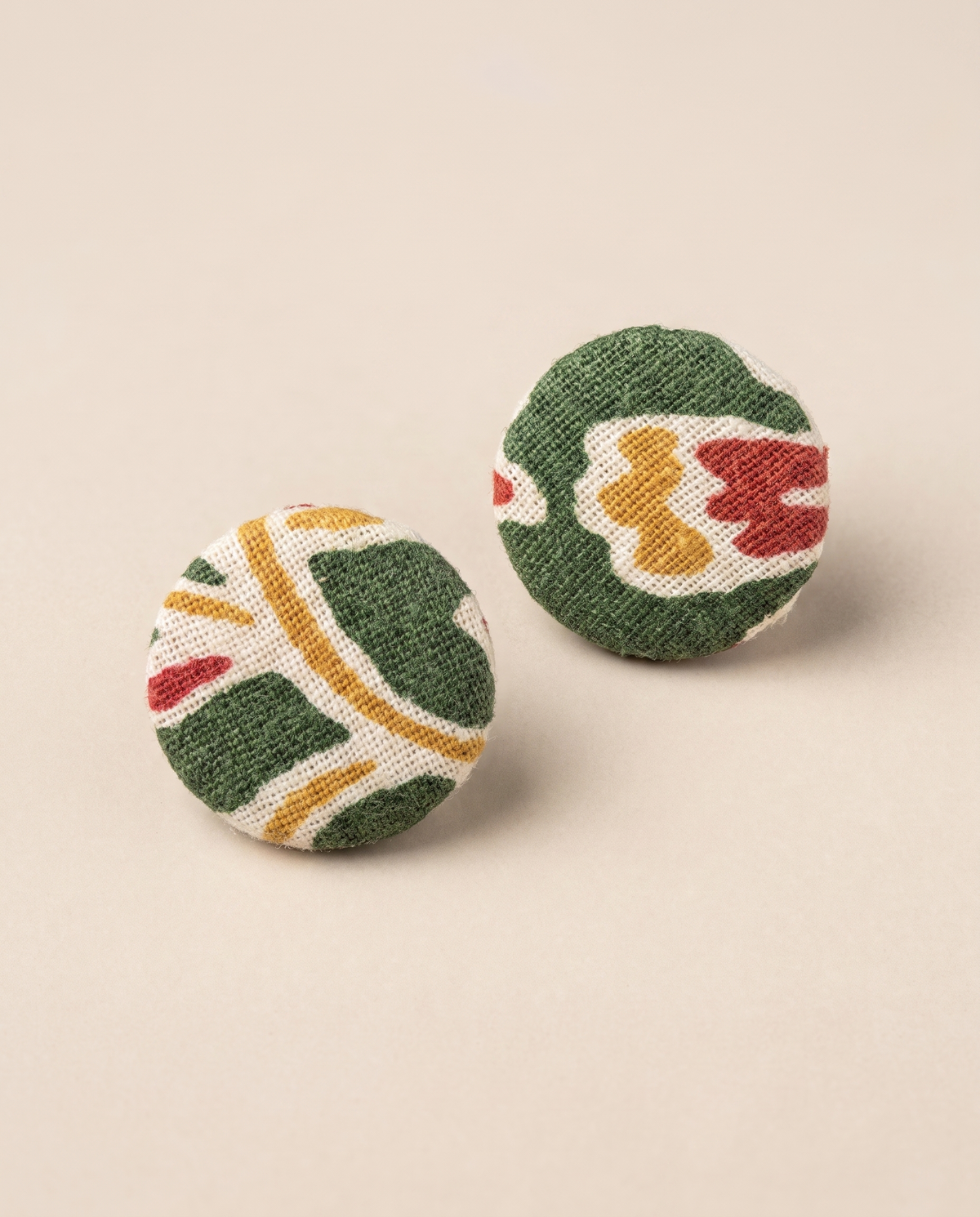 Handmade white, green, mustard & red multicolor block-print fabric button stud earrings by KEVILAGU