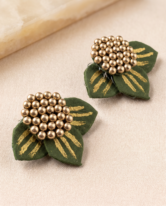 Handmade olive green fabric floral stud earrings by KEVILAGU with gold thread detailing and gold bead cluster