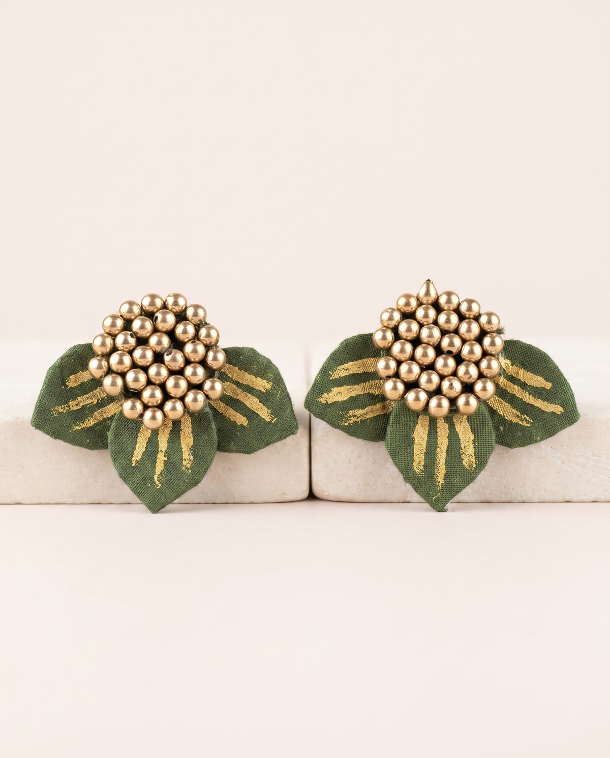 Handmade olive green fabric floral stud earrings by KEVILAGU with gold thread detailing and gold bead cluster