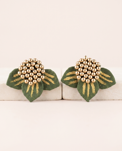 Handmade olive green fabric floral stud earrings by KEVILAGU with gold thread detailing and gold bead cluster