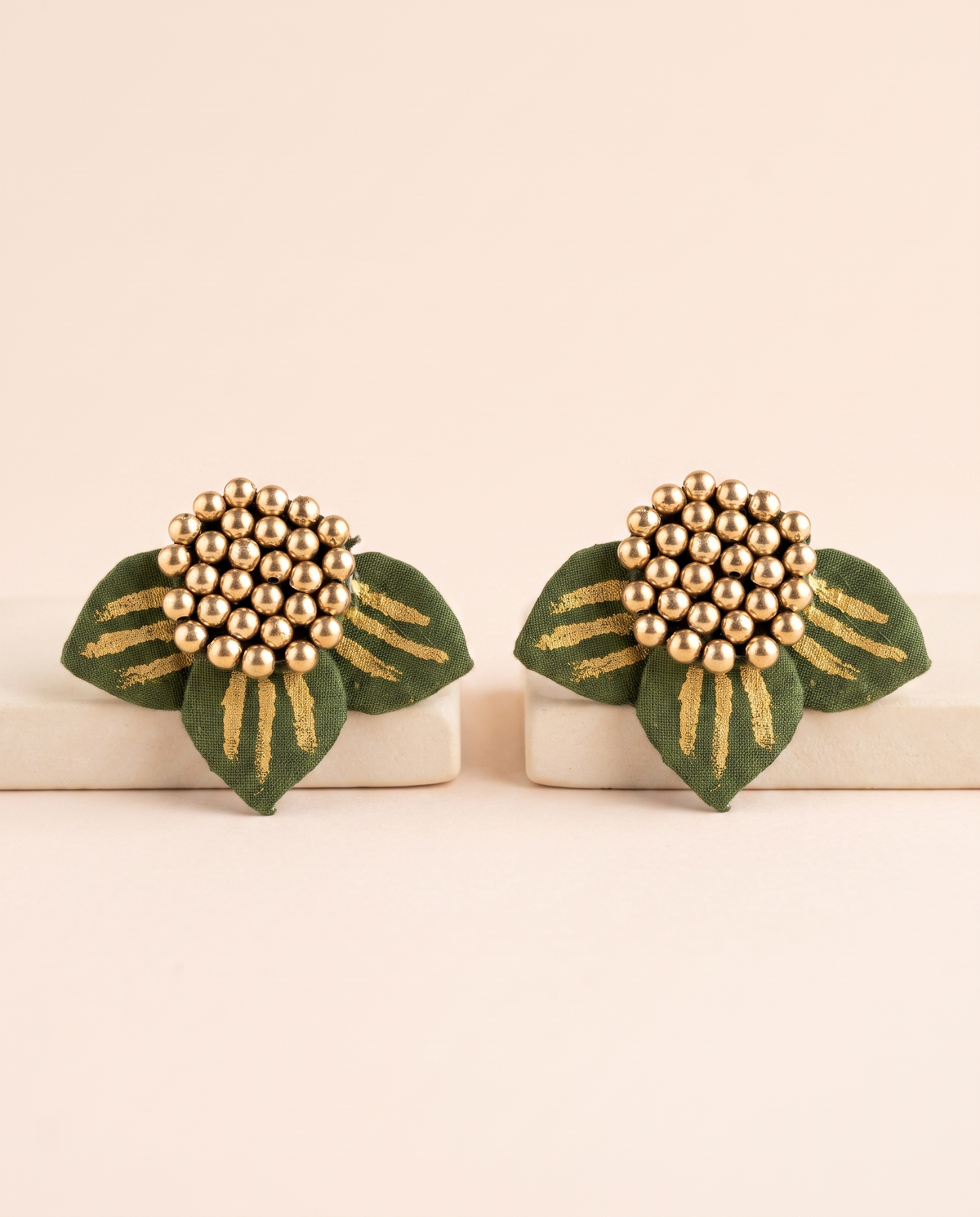 Handmade olive green fabric floral stud earrings by KEVILAGU with gold thread detailing and gold bead cluster
