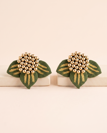 Handmade olive green fabric floral stud earrings by KEVILAGU with gold thread detailing and gold bead cluster