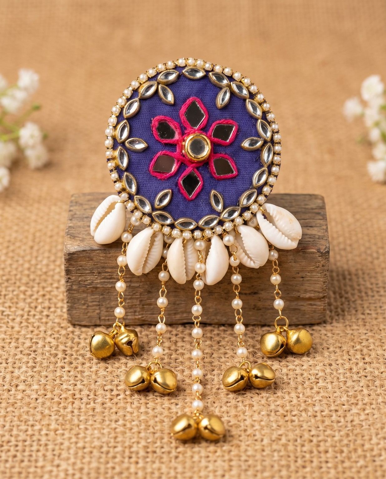 Handmade Neelika royal blue mirror hair brooch with pearl detailing, cowrie shells and golden ghungroo