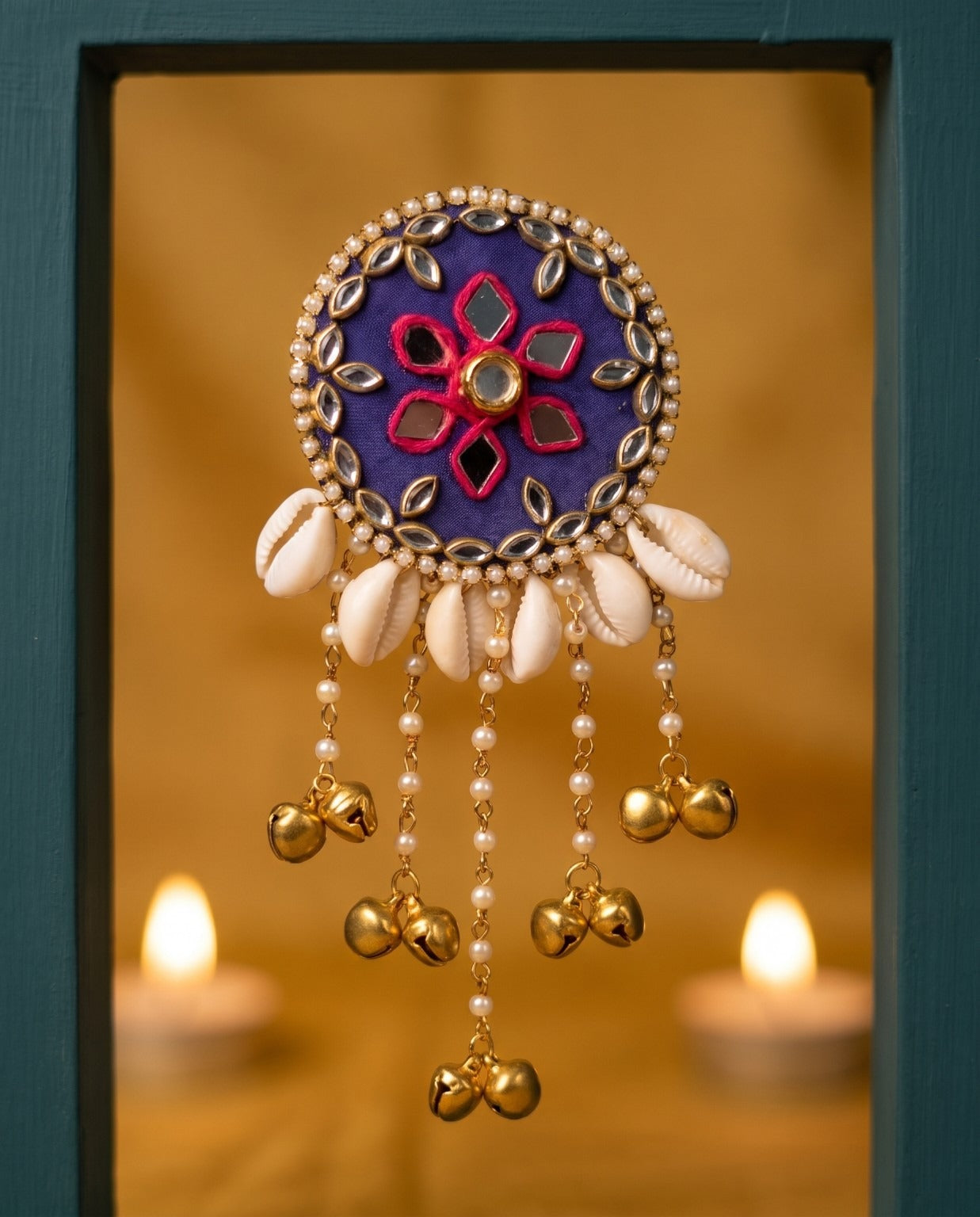 Neelika royal blue ethnic hair brooch with mirror work, cowrie shells and golden bells