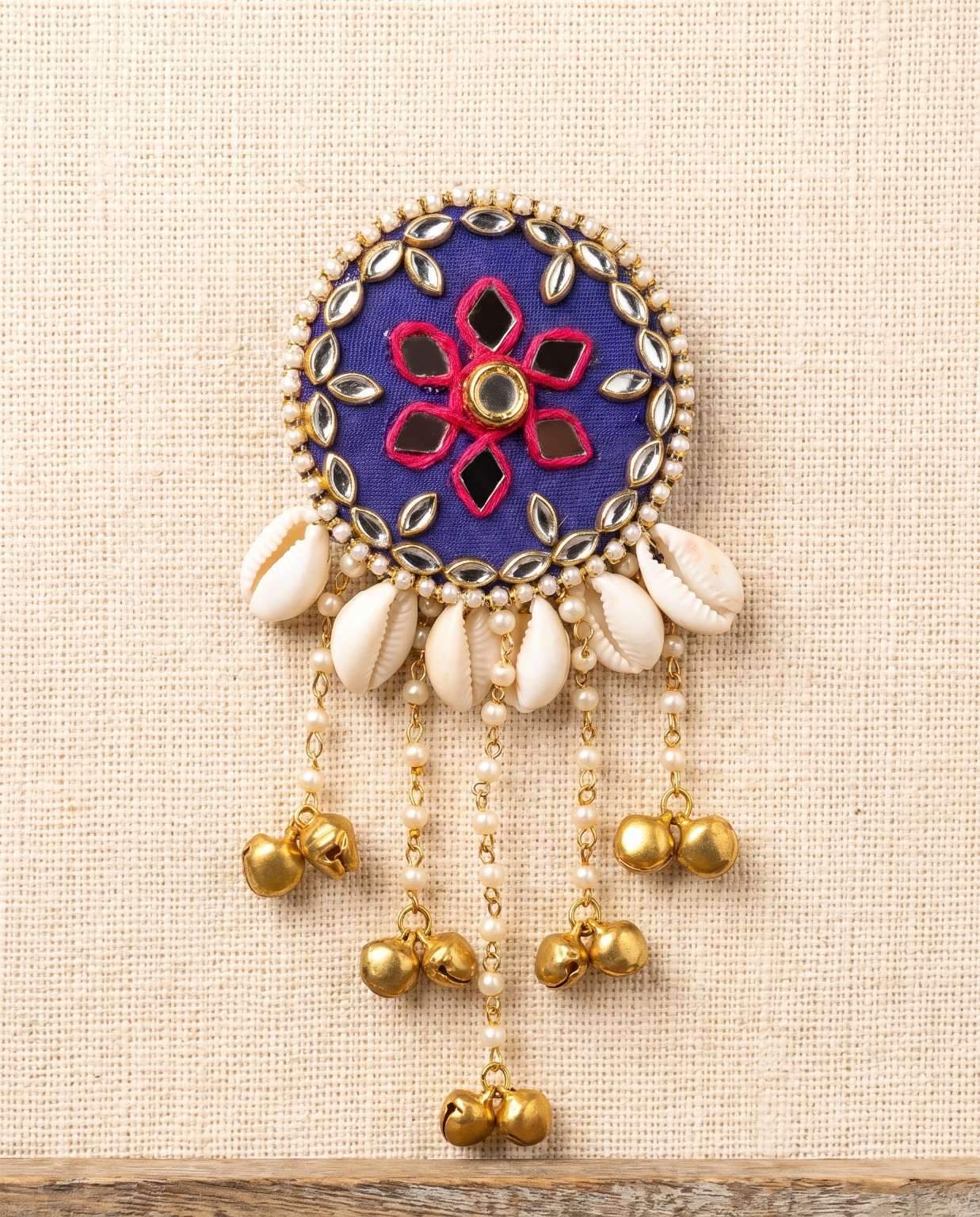 Neelika royal blue mirror hair brooch with cowrie shells, pearls and golden bells
