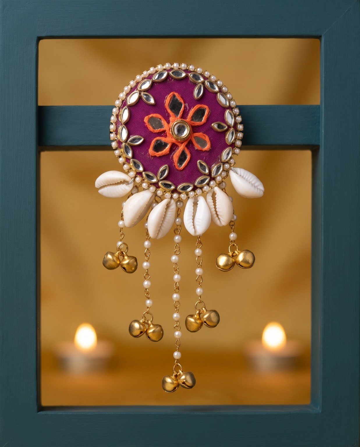 Rangili magenta ethnic hair brooch with mirror work and golden ghungroo for festive styling