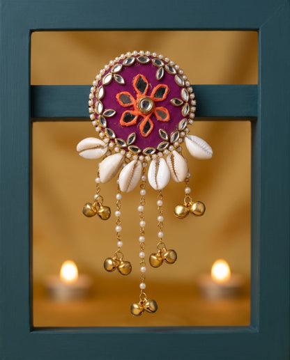 Rangili magenta ethnic hair brooch with mirror work and golden ghungroo for festive styling