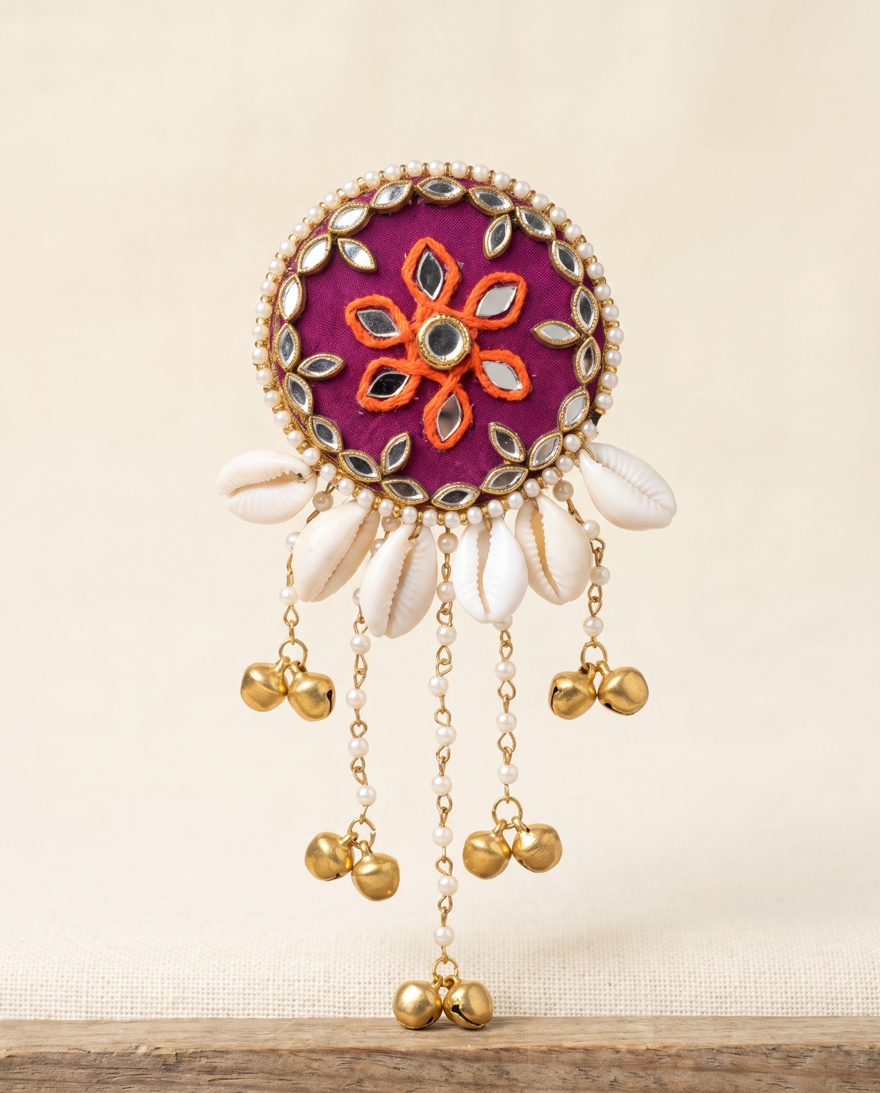 Rangili magenta mirror hair brooch with cowrie shells, pearls and golden ghungroo