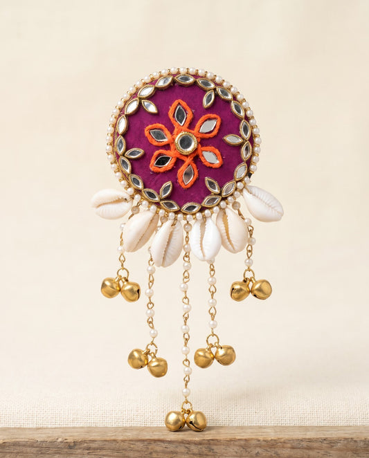 Rangili magenta mirror hair brooch with cowrie shells, pearls and golden ghungroo